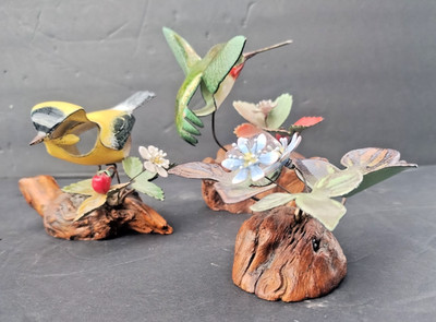 LOT of 3 Norman Brumm Enamel &Copper Chickadee + Hummingbird+ Flowers &Driftwood