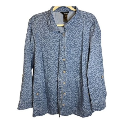 Ali MIles Blouse Women's Size XL Cheetah Animal Print Long Sleeve Blue