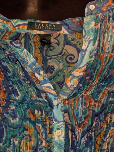 Lauren Ralph Lauren Women’s Size L Blue Paisley Sheer Button 3/4 Sleeve Blouse - 第 2/3 張圖片