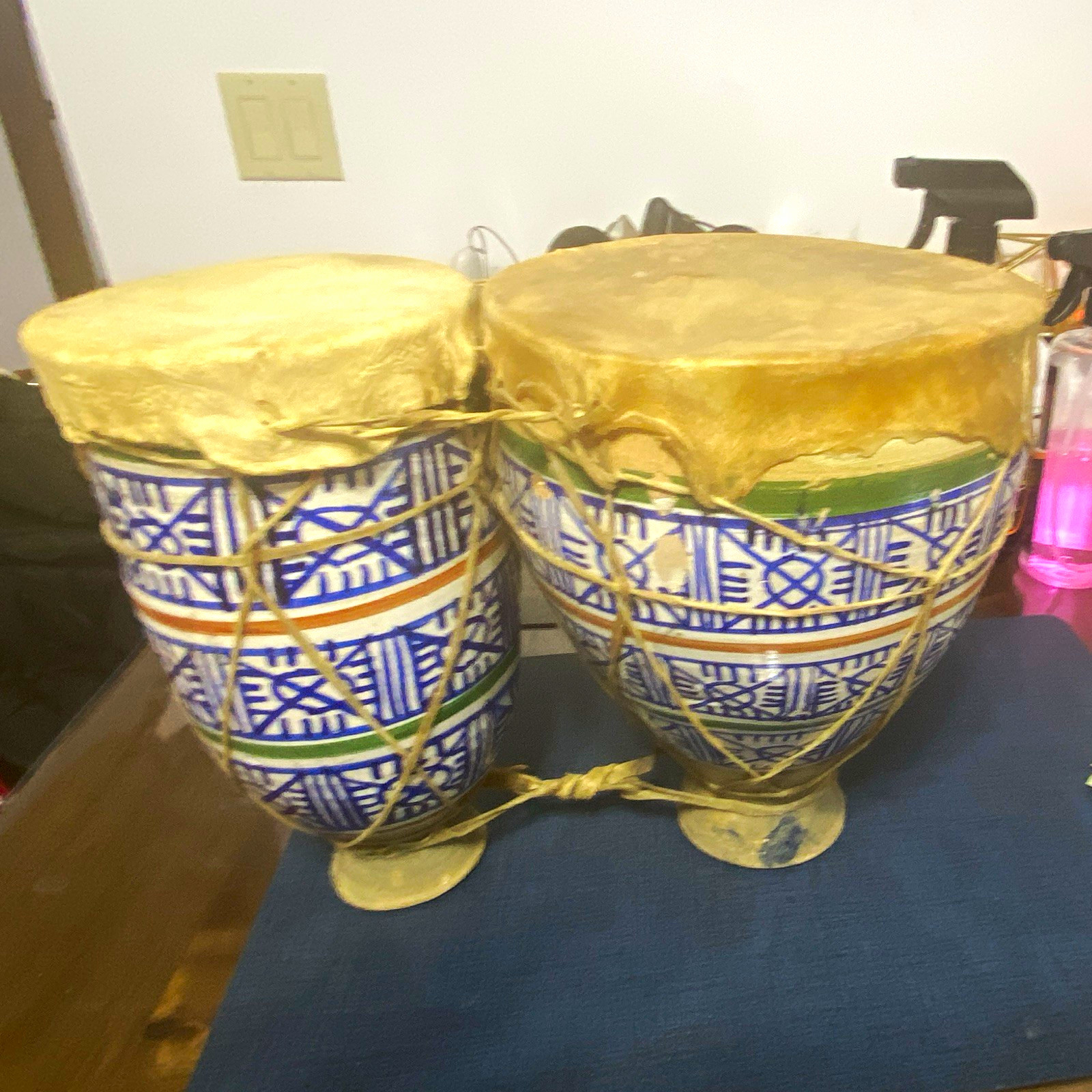 Handmade Ceramic Bongo Drums Pair (2-Piece) Rope Tuned Natural Skin Heads