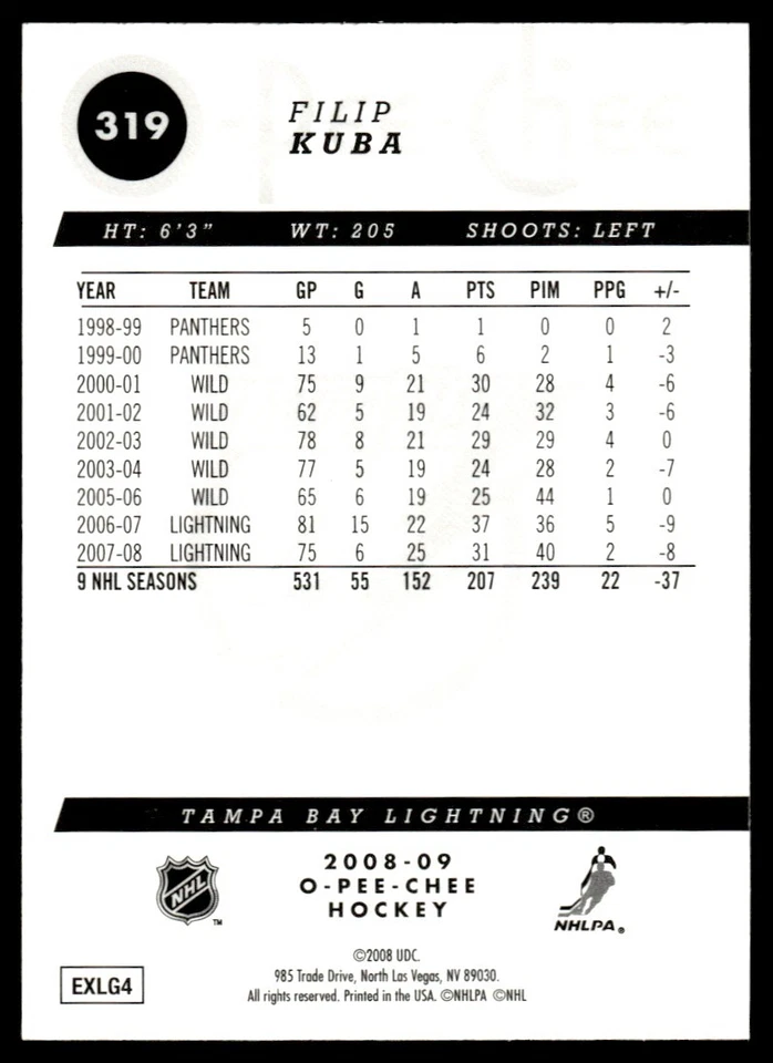 2008-09 O-Pee-Chee Gold Filip Kuba Tampa Bay Lightning #319 - Image 2 of 2