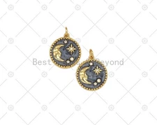 Enamel Grey Cresent Moon Star On Round Coin Shape Pendant,18K Gold Filled CZ