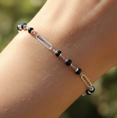 Handmade 925 Silver Plated Onyx Bracelet | High-Quality Brass Paperclip Chain