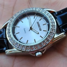 Women's MANHATTAN By Croton Silver Tone, Crystal Bezel, Black Leather Watch
