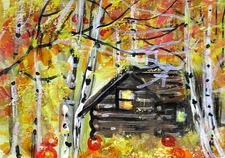 ACEO Original Painting Autumn CABIN Trees Landscape FALL Pumpkins Nature ATC ART
