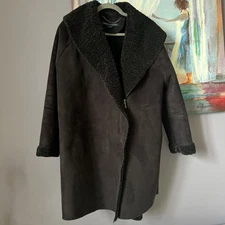 French Connection Sz M Faux Shearling Hooded Coat  Winter Black Zip