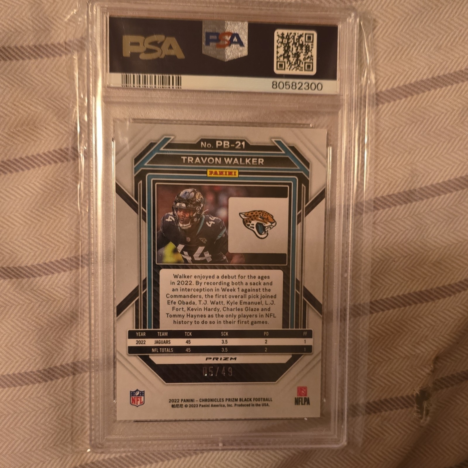 Panini 2022 Chronicles Prizm Black Travon Walker #PB-21 Green /49 PSA 9 Jaguars view 2