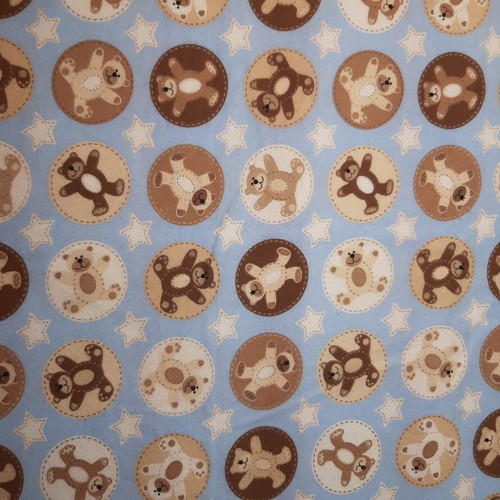Brown Teddy Bears and Stars on Light Blue Flannel Cotton Fabric 2 1/3 Yards