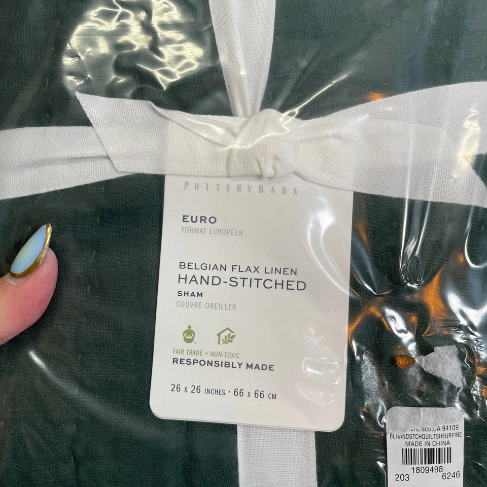 Pottery Barn Pino Verde Belga Lino Costura a Mano Acolchado Euro Sham 2 Piezas Foto 2 de 4