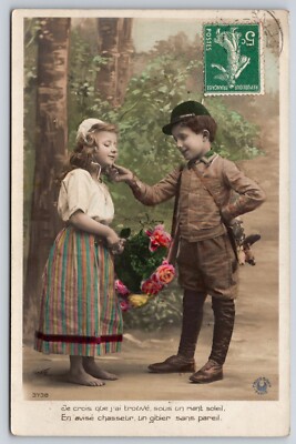 Young Boy Hunter Found Beautiful Game Peasant Girl in Forest Love Postcard RPPC