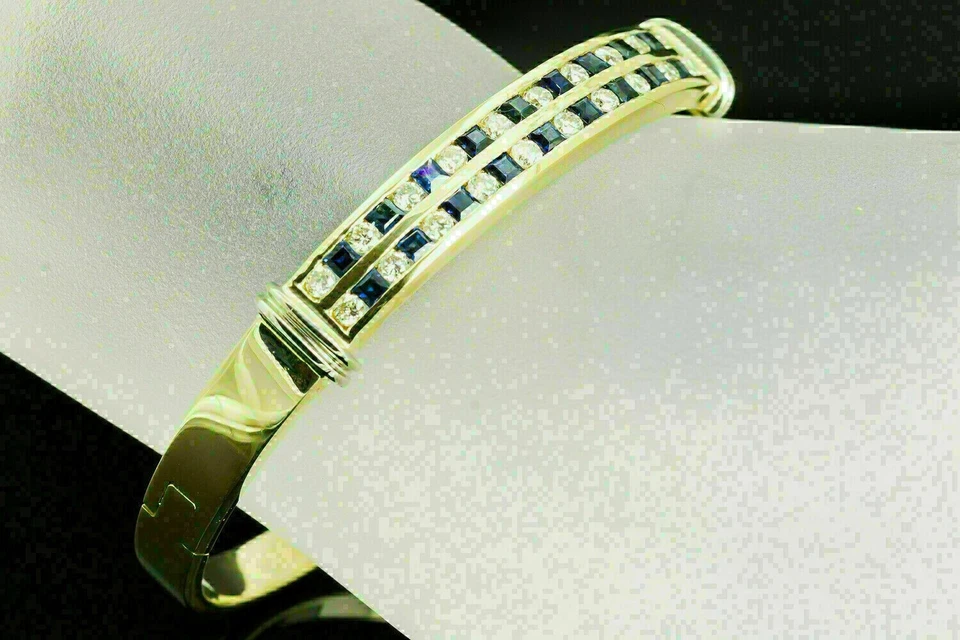 4CT Princess Cut Simulated Sapphire Bangle Bracelet 14K Yellow Gold Plated - Image 2 of 3