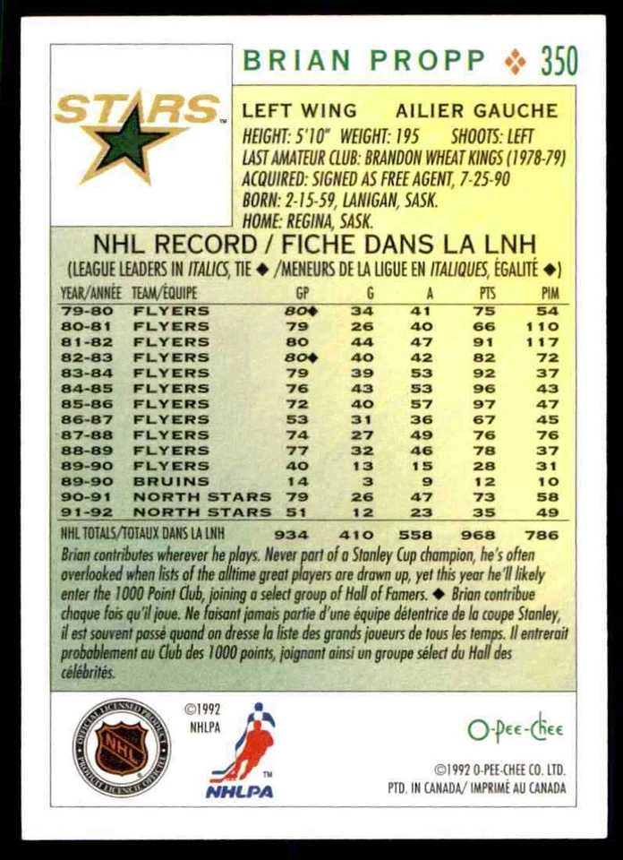 1992-93 O-Pee-Chee Brian Propp #350 - Image 2 of 2