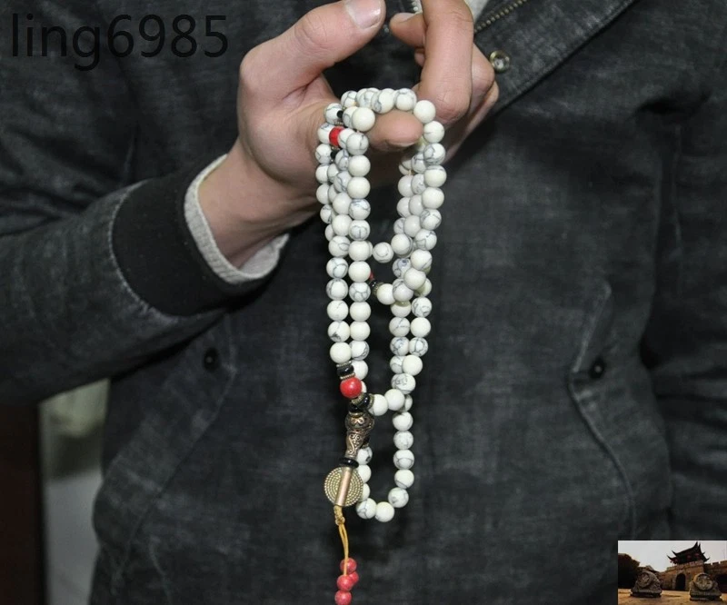 Antiguo Tíbet Budismo Bronce Blanco Jade Piedra Coral Rojo Oración Cuentas Amuleto Colgante Foto 3 de 4