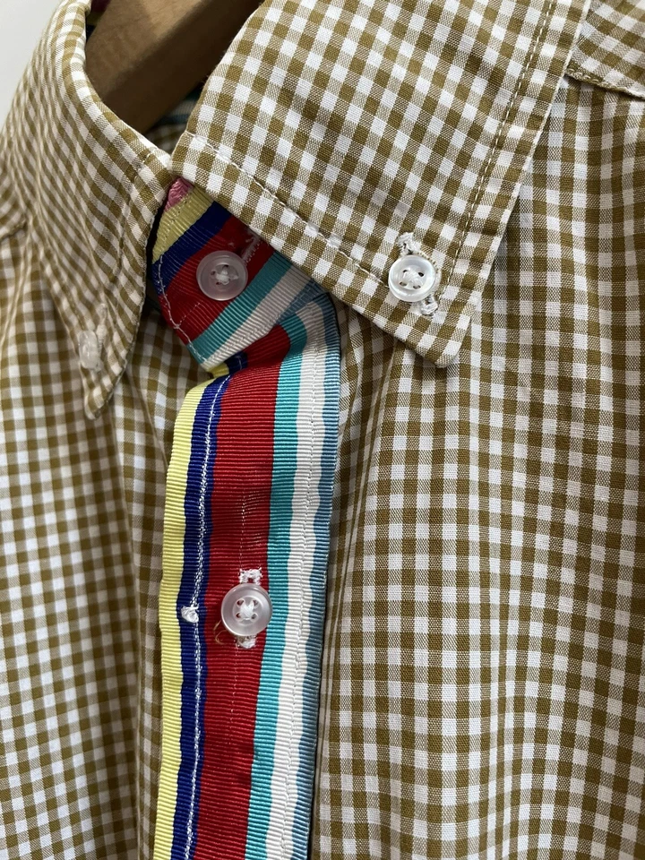 Mark McNairy Button Down Shirt Gingham Plaid Grosgrain Tan White S - Image 4 of 4