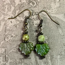 Bronze Tone Czech Glass Maple Leaves Dangle Earrings. Autumn. Artisan.  S230