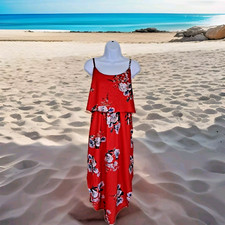 Yidarton Maxi Dress L Red Floral Adjustable Straps Side Slits Boho Chic Beachy 