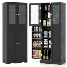 63.5" Tall Kitchen Pantry Cabinet  2 Double Tempered Glass Door 7 Storage Shelf