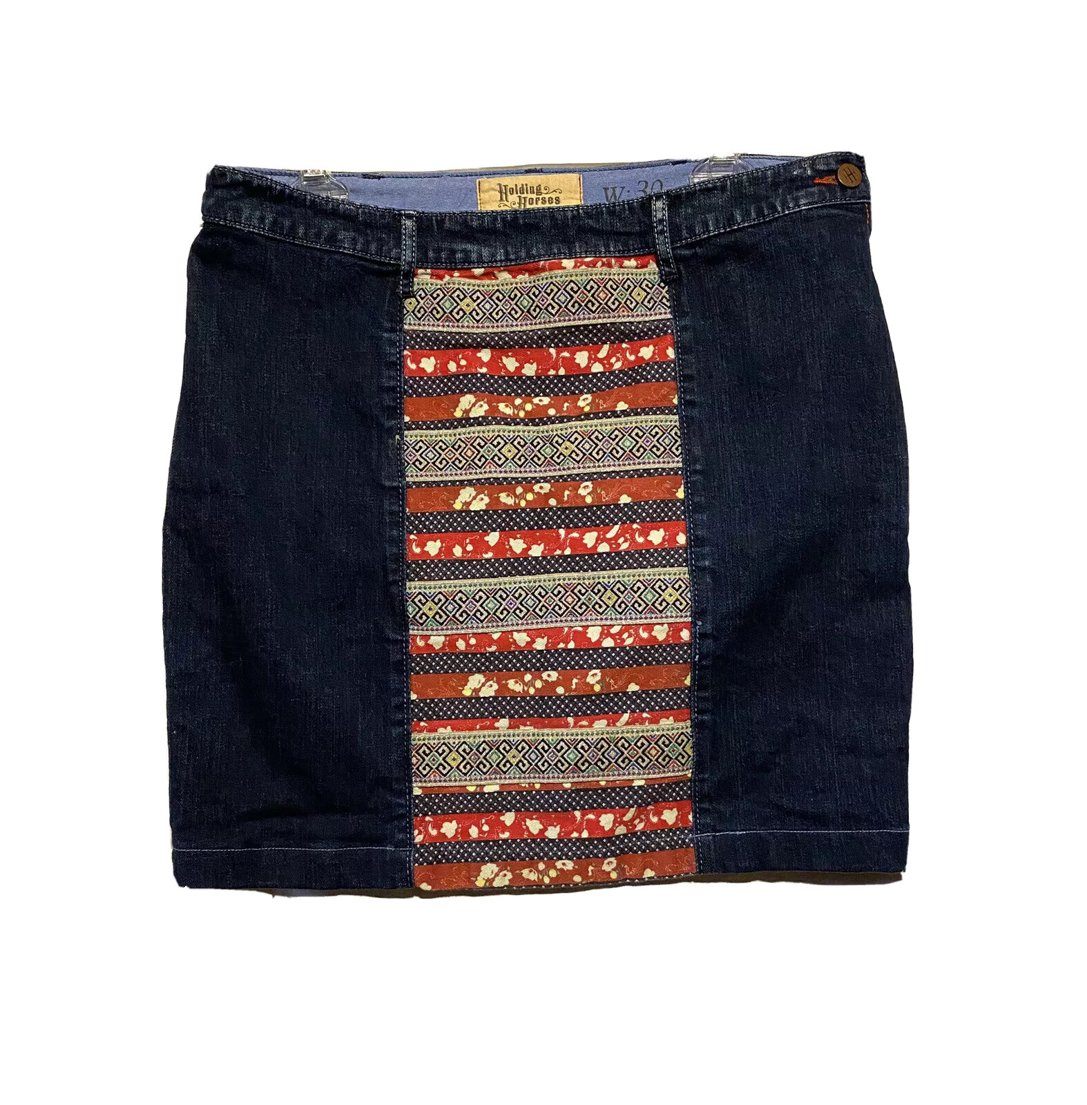 FILA Anthropologie Women’s Hold Horses Ribbon row Embellished Denim Mini Skirt 30