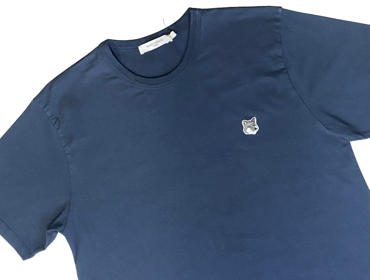 Maison Kitsune Mens Grey Fox Head Patch T-Shirt - Large - Navy