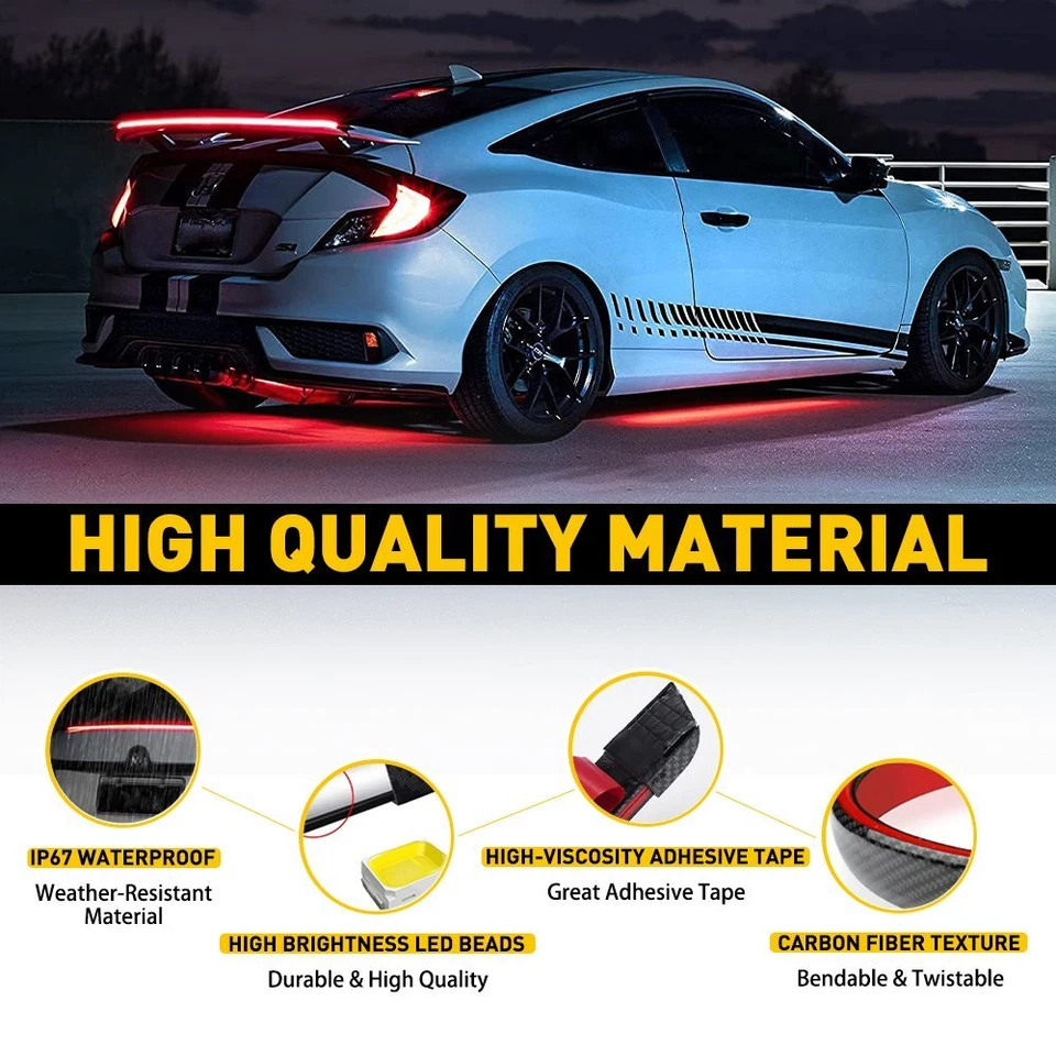 Carbon Fiber LED Car Tail Brake Light Strip Rear Spoiler Lip Trim Universal New - Image 4 of 4