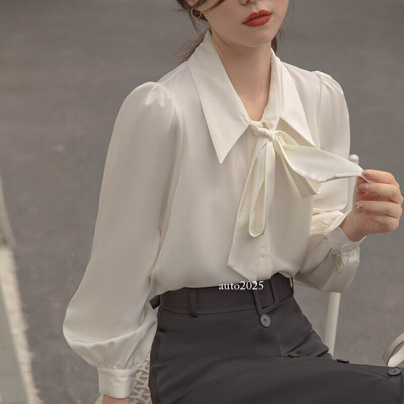 Women Chiffon Shirt Top Long Puff Sleeve White Blouse Tie Neck