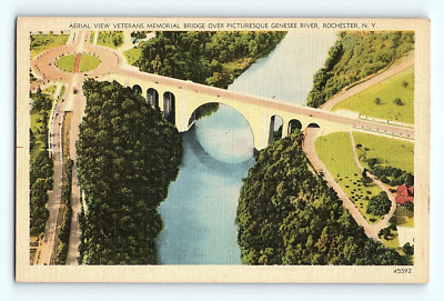 Aerial View Veterans Memorial Bridge Genesee River Rochester NY Postcard G4