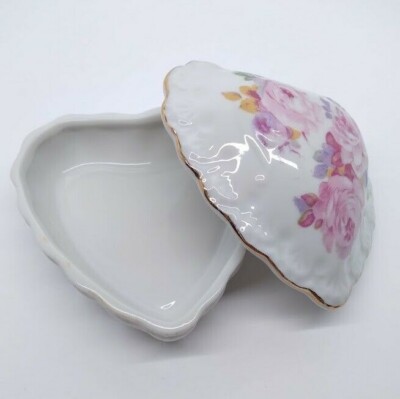Vintage I. W. Rice Heart Shaped Floral Trinket Box Porclein