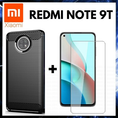 FOR XIAOMI REDMI NOTE 9T BLACK CARBON SHOCKPROOF COVER + TEMPERED GLASS FILM