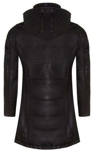 Women's Black Leather Puffer Jacket Quilted Detachable Hooded Trench Parka Coat - Picture 3 of 4