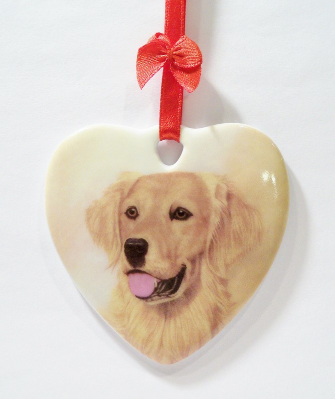 Golden Retriever I Love My Heart Shaped Porcelain Ceramic Christmas Ornament