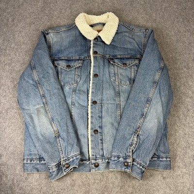 Levi's Jacke Herren Large Blau Denim Trucker Sherpa Gefüttert Arbeit Western Cowboy