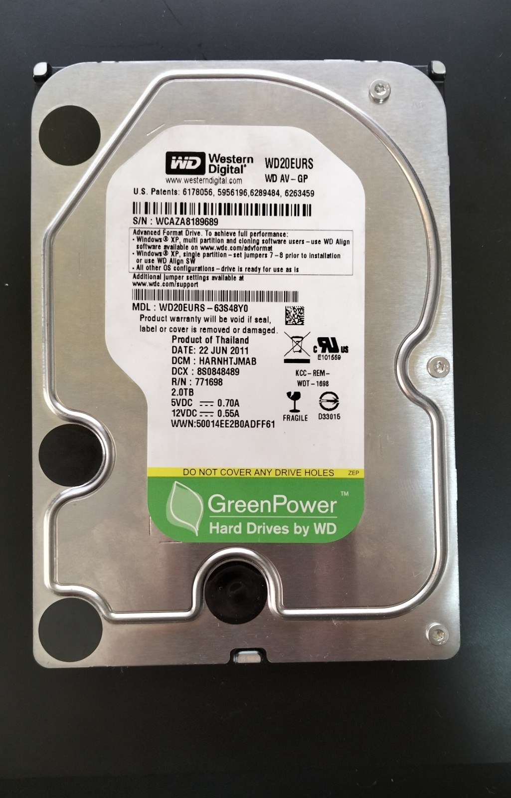#1 Western Digital WD20EURS 2TB SATA WD AV-GP GreenPower HDD Testato Funzionante