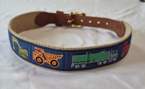 Leather Man Ltd Kids Needlepoint Belt Sz 20 Brass Buckle Trucks USA 90s Y2K 