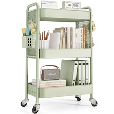 3 Tier Rolling Cart Storage Organizer, Metal Rolling Utility Cart with Wheels...