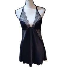 Victorias Secret Lace Satin Chemise Plunge Slip Dress Large Black Y2K Coquette