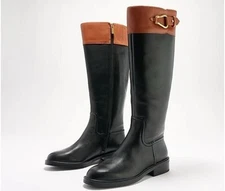 Vince Camuto Wide Calf Leather Riding Boots -Andalian Black/WarmCaramel 7-1/2
