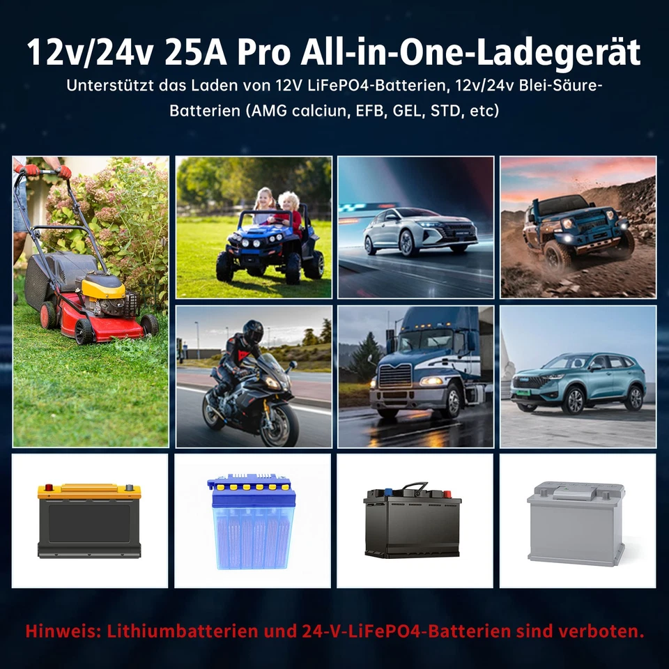 25A 12V 24V Intelligentes Ladegerät für Blei-Säure-Batterien für Auto, Lkw, Boot - Bild 2 von 4
