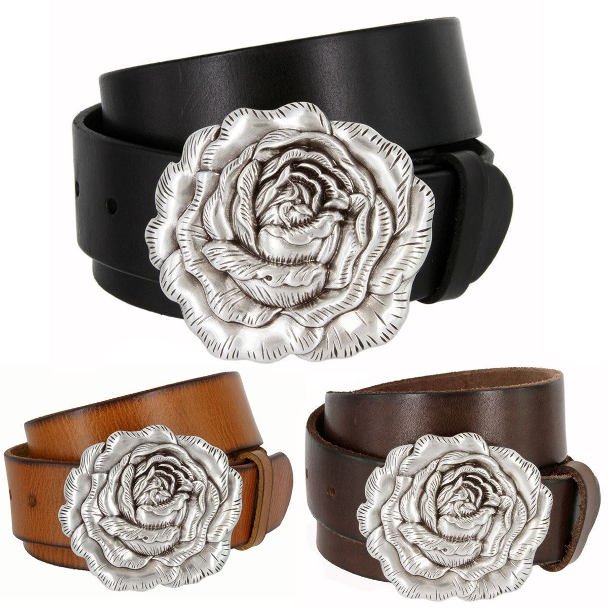 Women's Belt Antique Silver Rose Buckle Full Grain Leather Belt 1