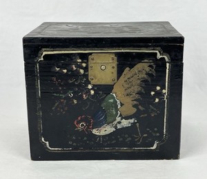 Antique Chinese Hand Painted Black Lacquered Tea Caddy Box