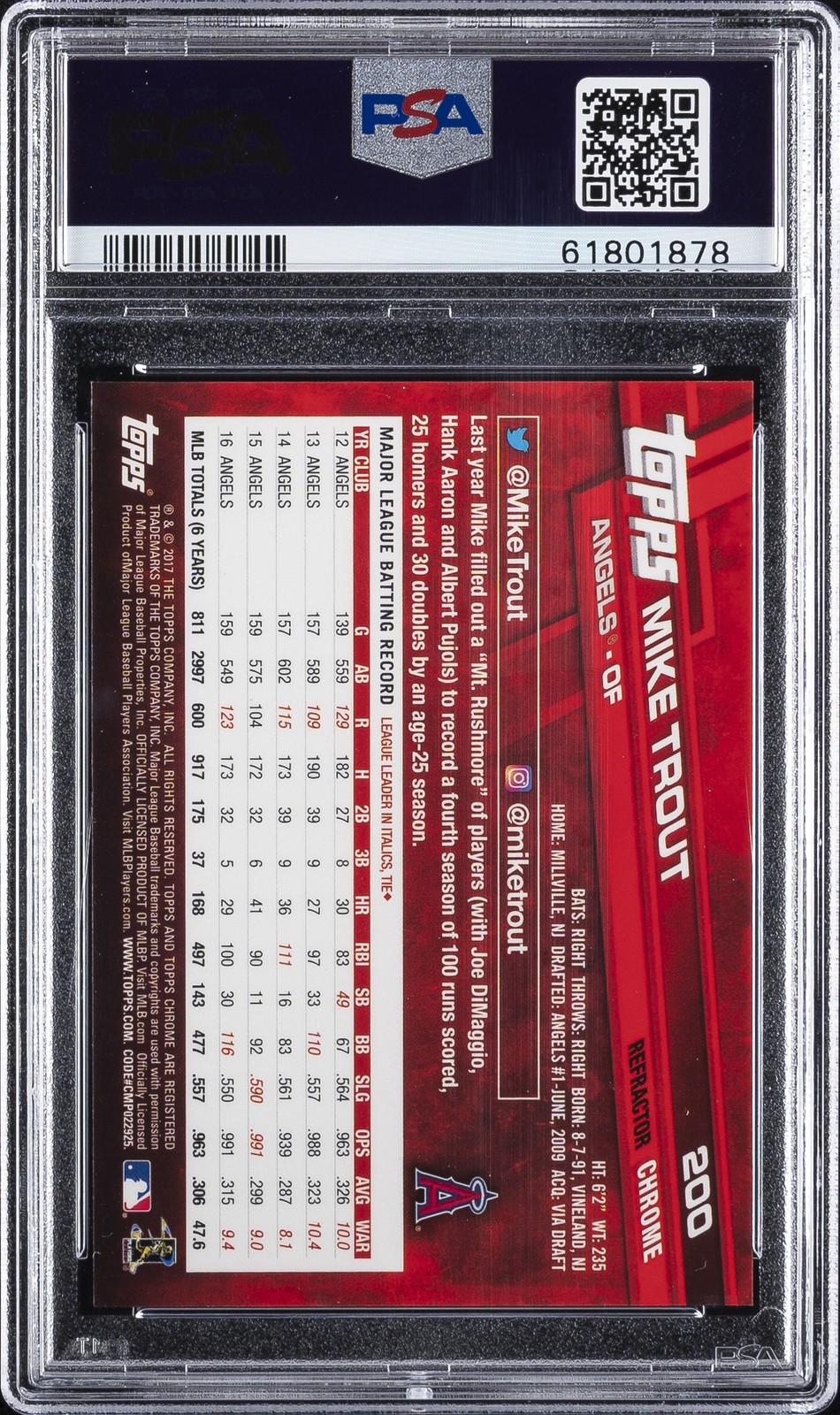 2017 TOPPS CHROME X-FRACTOR #200 MIKE TROUT PSA 8 view 2