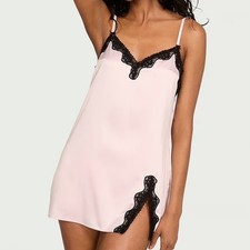 Victorias Secret Tease angel Pink Satin black Lace Trim Slip Dress Nightie L