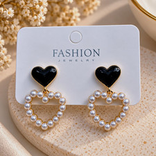 Gold Tone Black Heart Stud & White Imitation Pearl Heart Dangle Earrings