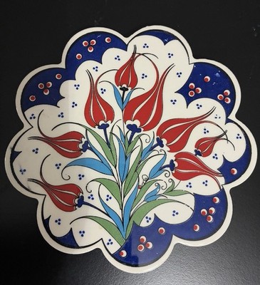 Vintage Artnicea Turkish Trivet Ceramic Tile Art Iznik Style Floral 7  RED TULIP
