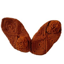 Handmade vintage crocheted booties with large pompoms burnt orange crib shoes