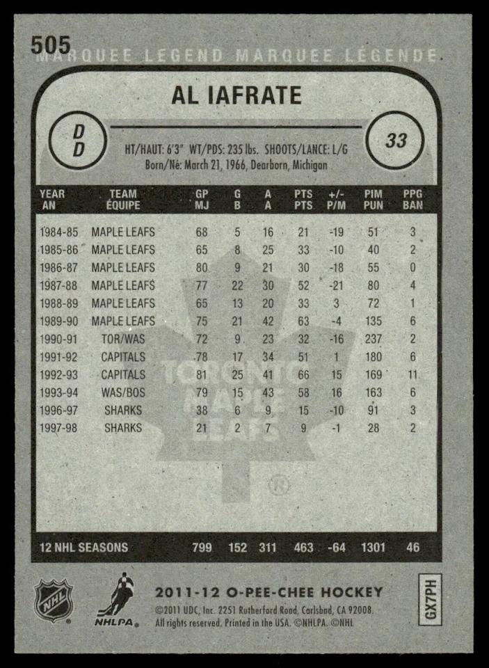 2011-12 O-Pee-Chee MARQUEE LEGEND Al Iafrate Toronto Maple Leafs #505 - Image 2 of 2