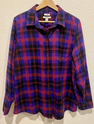 LL Bean Women s Flannel Shirt 1X Purple Red Scotch Plaid Relaxed Fit Outdoors