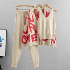 Tailleur Tuta Completo Outfit Maglia Pantaloni Cardigan Beige Rosso 25724