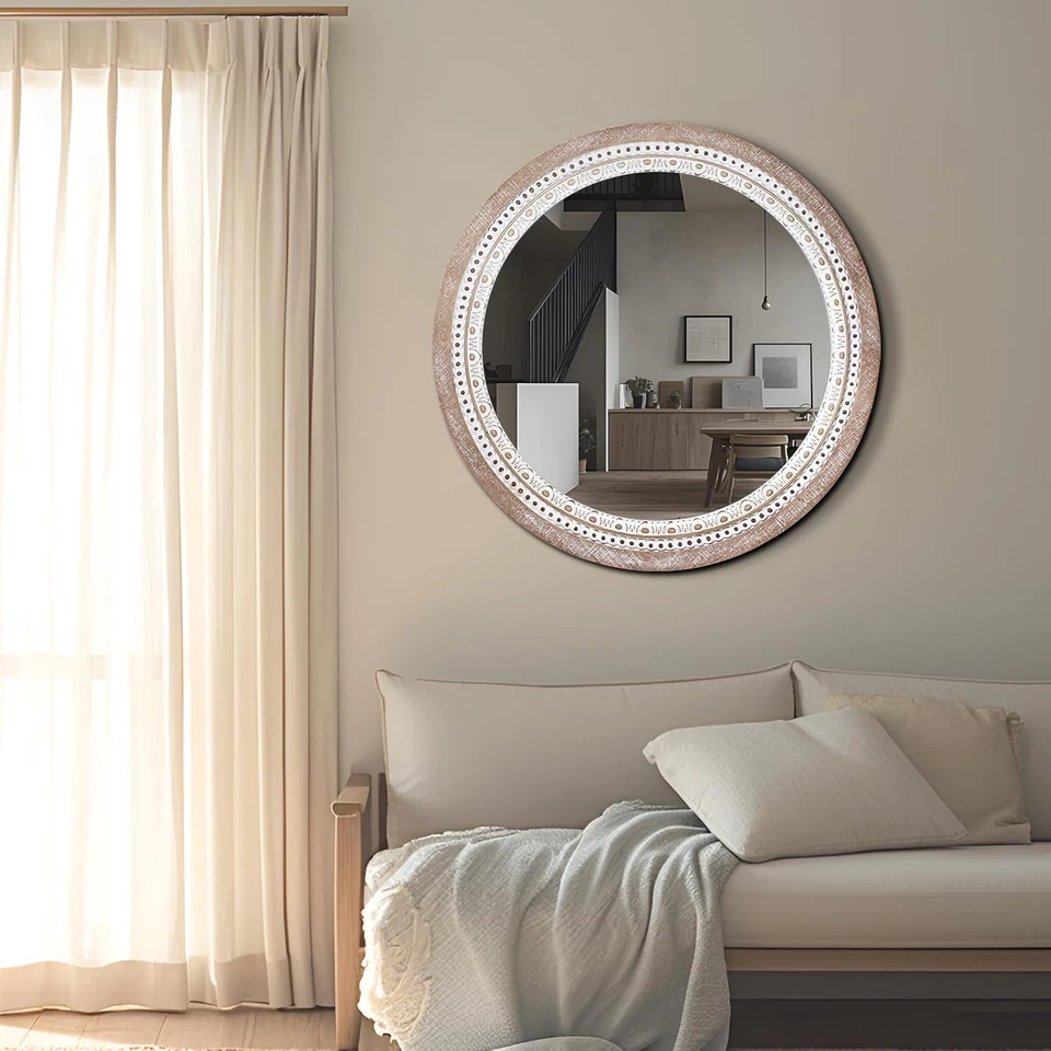 24 Inch Wooden round Mirror for Wall Decor, Farmhouse Boho Circle Mirror with Be - Image 3 of 4