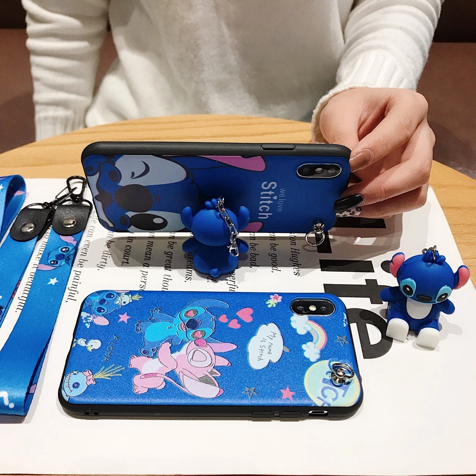 For iPhone Samsung Huawei Cartoon Stitch Doll Stand +Strap Girl Phone Case Cover - Image 3 of 4