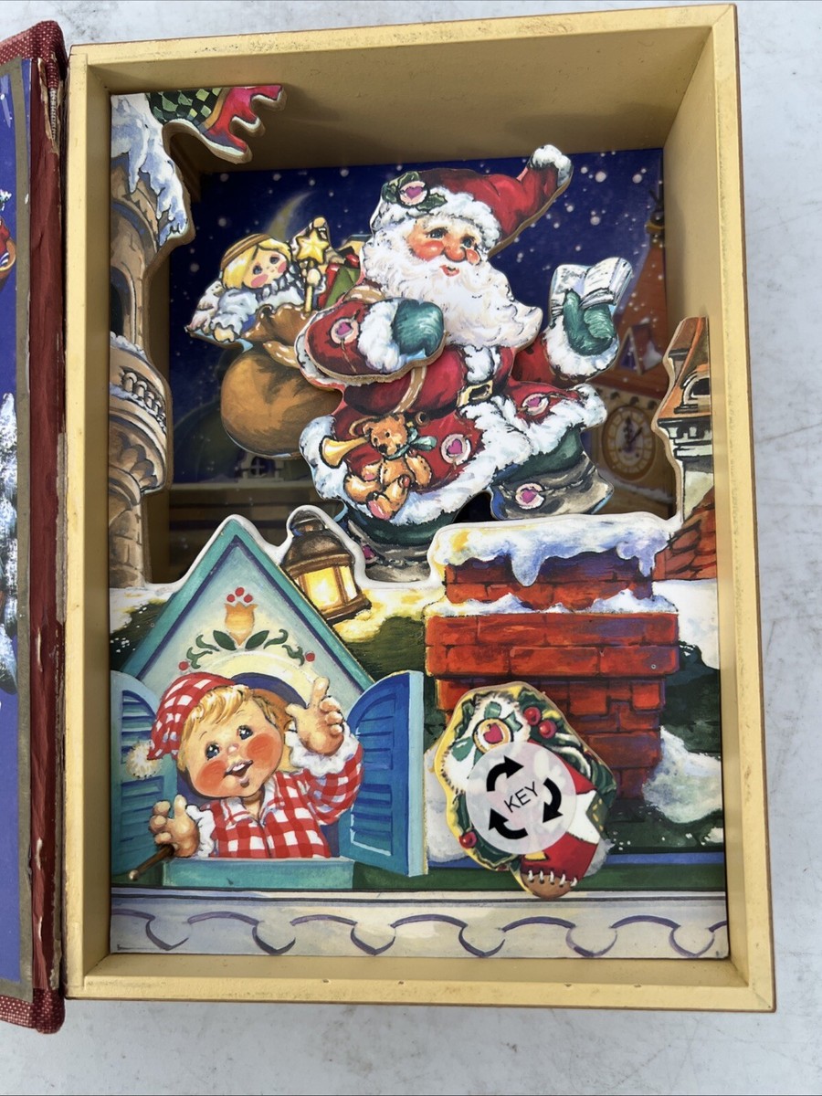 Old Time Santa Animated Christmas Music box Book wind up Vintage